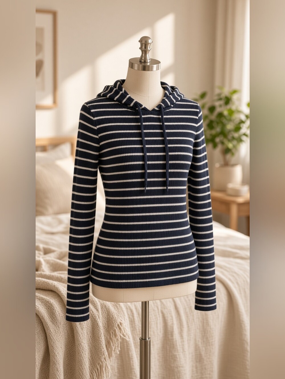 LOFT XS Black White Striped Ribbed Hooded Pullover